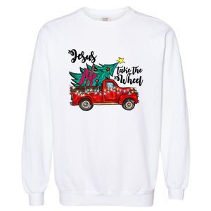 Jesus Take The Wheel Red Truck Christmas Tree Christian Xmas Gift Garment-Dyed Sweatshirt