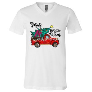 Jesus Take The Wheel Red Truck Christmas Tree Christian Xmas Gift V-Neck T-Shirt