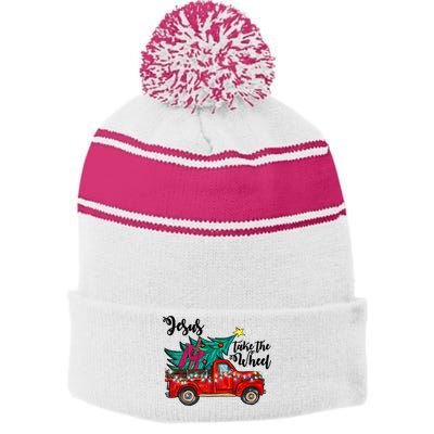 Jesus Take The Wheel Red Truck Christmas Tree Christian Xmas Gift Stripe Pom Pom Beanie