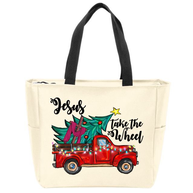 Jesus Take The Wheel Red Truck Christmas Tree Christian Xmas Gift Zip Tote Bag