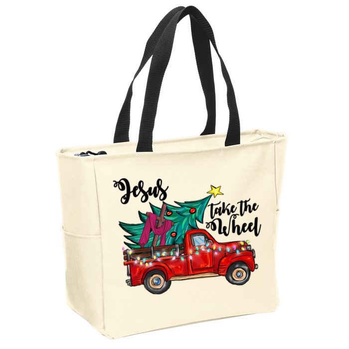 Jesus Take The Wheel Red Truck Christmas Tree Christian Xmas Gift Zip Tote Bag