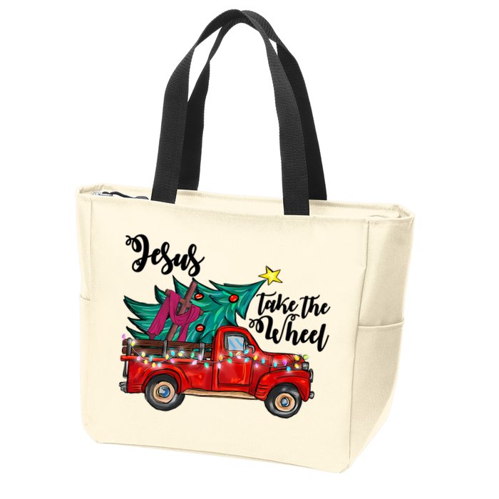 Jesus Take The Wheel Red Truck Christmas Tree Christian Xmas Gift Zip Tote Bag