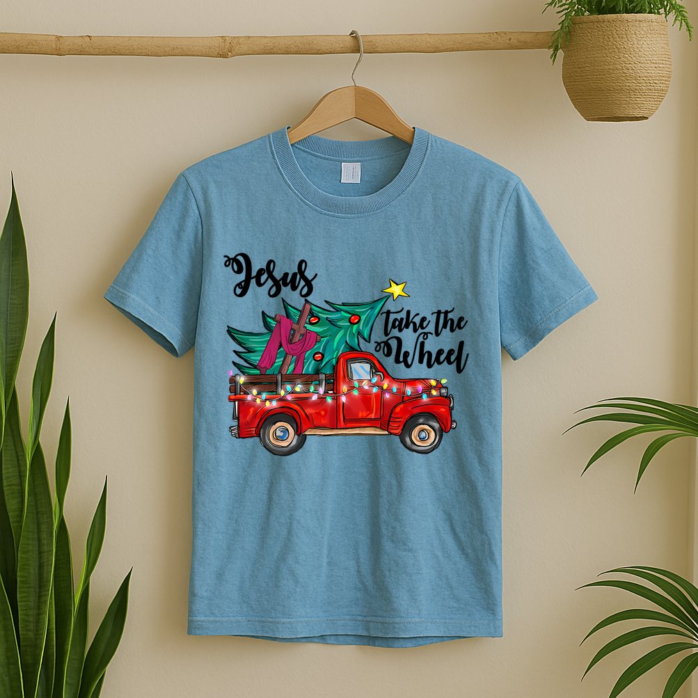 Jesus Take The Wheel Red Truck Christmas Tree Christian Xmas Gift T-Shirt