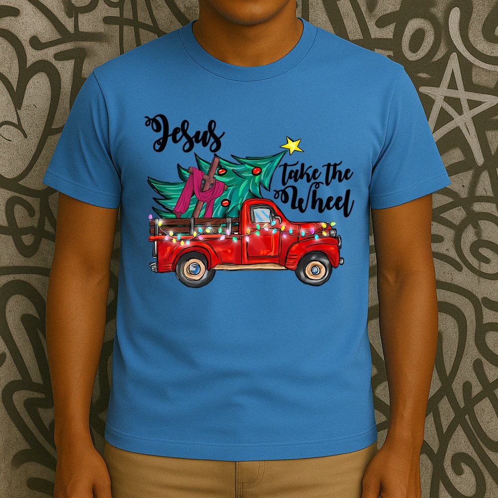 Jesus Take The Wheel Red Truck Christmas Tree Christian Xmas Gift T-Shirt