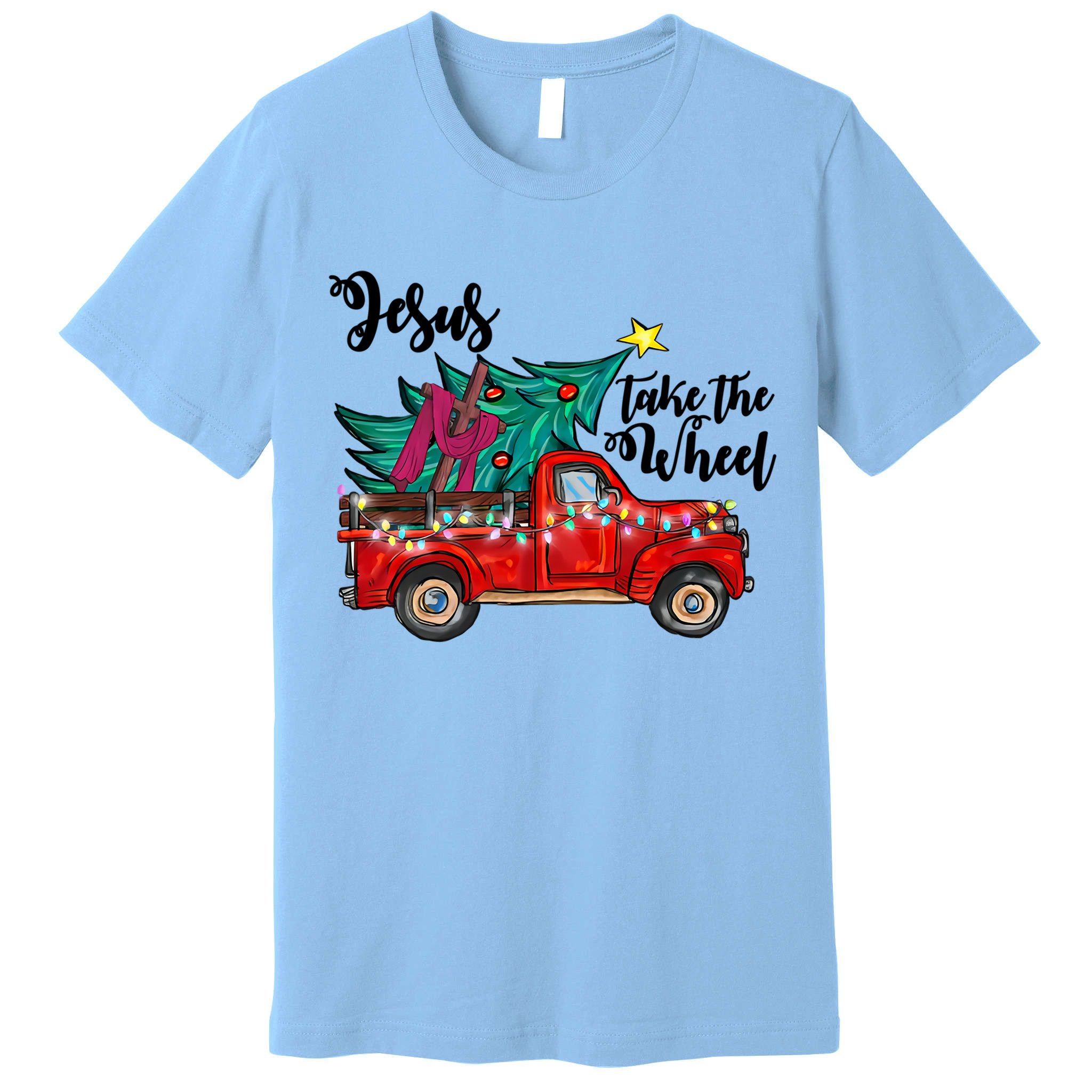 Jesus Take The Wheel Red Truck Christmas Tree Christian Xmas Gift Premium T-Shirt
