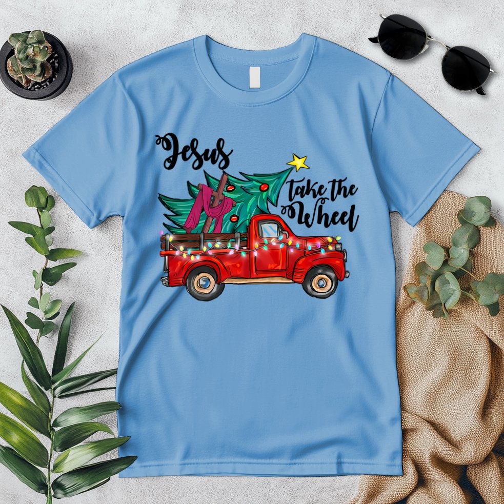 Jesus Take The Wheel Red Truck Christmas Tree Christian Xmas Gift Premium T-Shirt