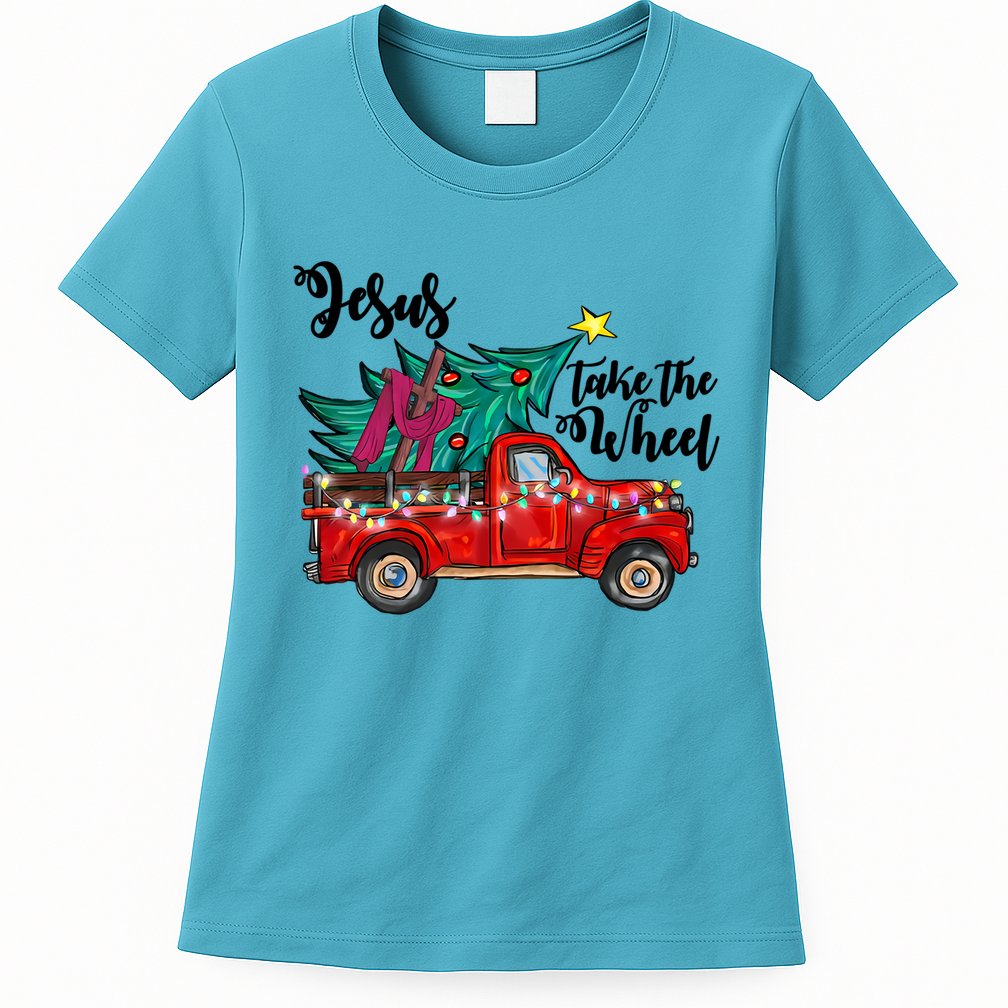 Jesus Take The Wheel Red Truck Christmas Tree Christian Xmas Gift Womens T-Shirt