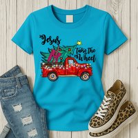 Jesus Take The Wheel Red Truck Christmas Tree Christian Xmas Gift Womens T-Shirt