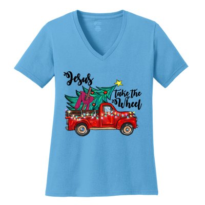 Jesus Take The Wheel Red Truck Christmas Tree Christian Xmas Gift Women's V-Neck T-Shirt