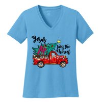 Jesus Take The Wheel Red Truck Christmas Tree Christian Xmas Gift Women's V-Neck T-Shirt