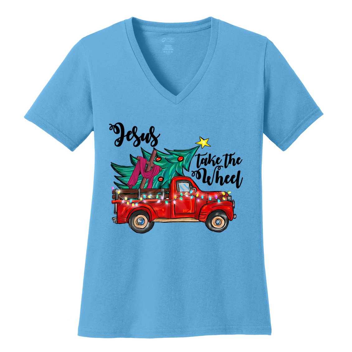 Jesus Take The Wheel Red Truck Christmas Tree Christian Xmas Gift Women's V-Neck T-Shirt