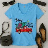 Jesus Take The Wheel Red Truck Christmas Tree Christian Xmas Gift Women's V-Neck T-Shirt