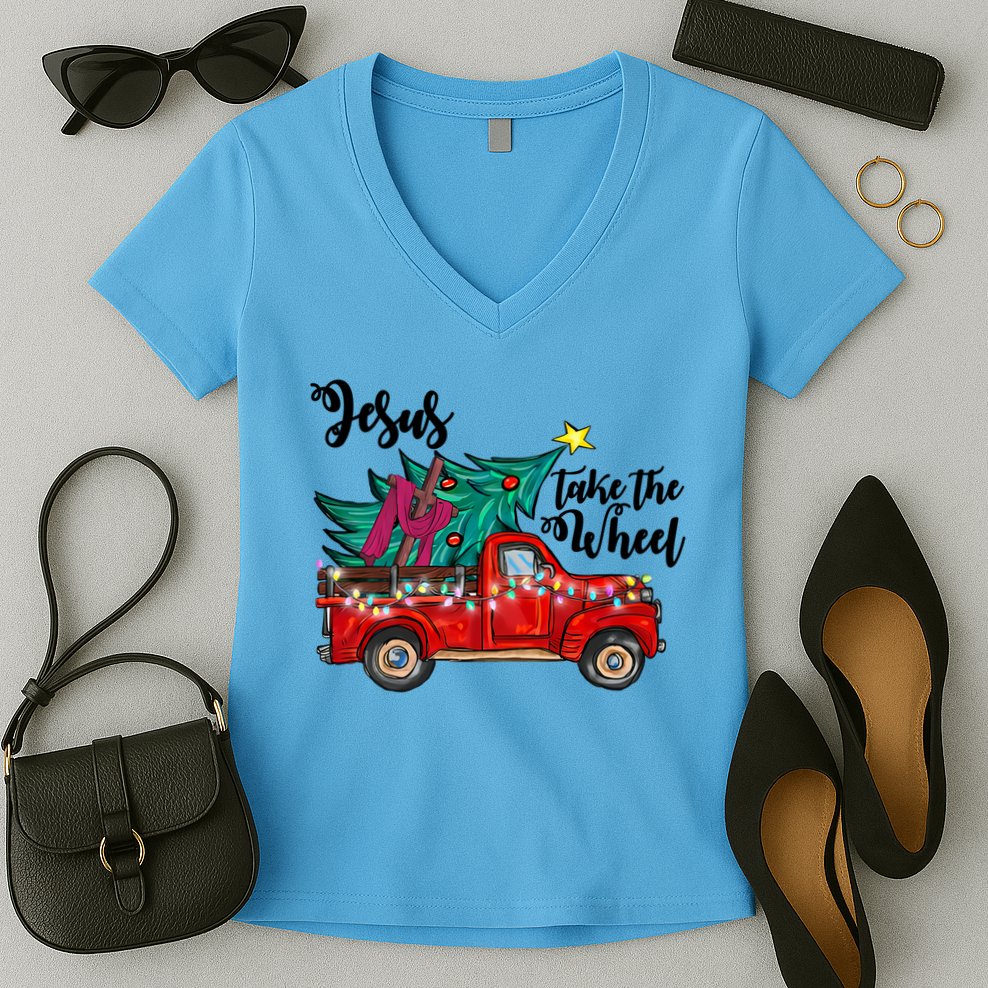 Jesus Take The Wheel Red Truck Christmas Tree Christian Xmas Gift Women's V-Neck T-Shirt