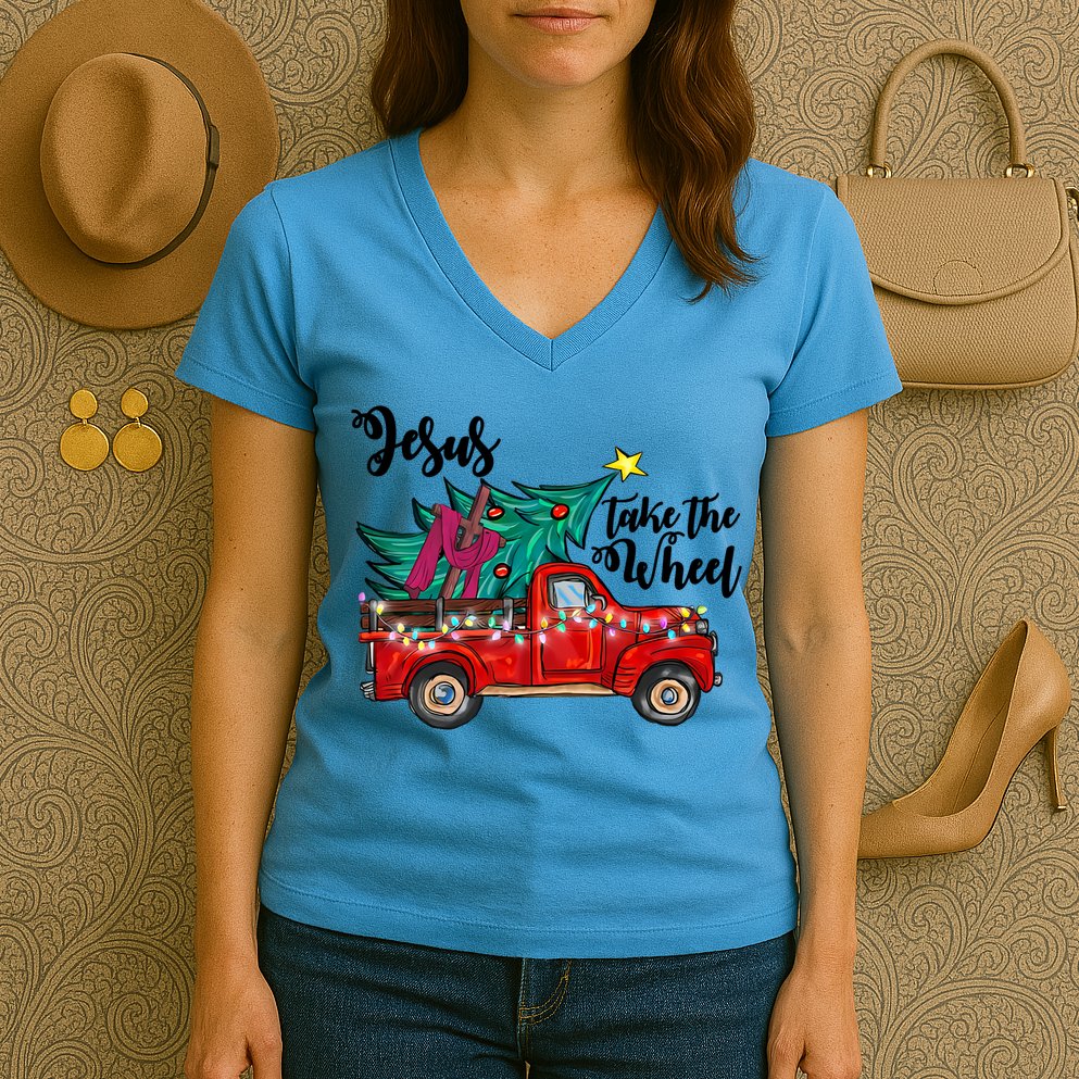 Jesus Take The Wheel Red Truck Christmas Tree Christian Xmas Gift Women's V-Neck T-Shirt