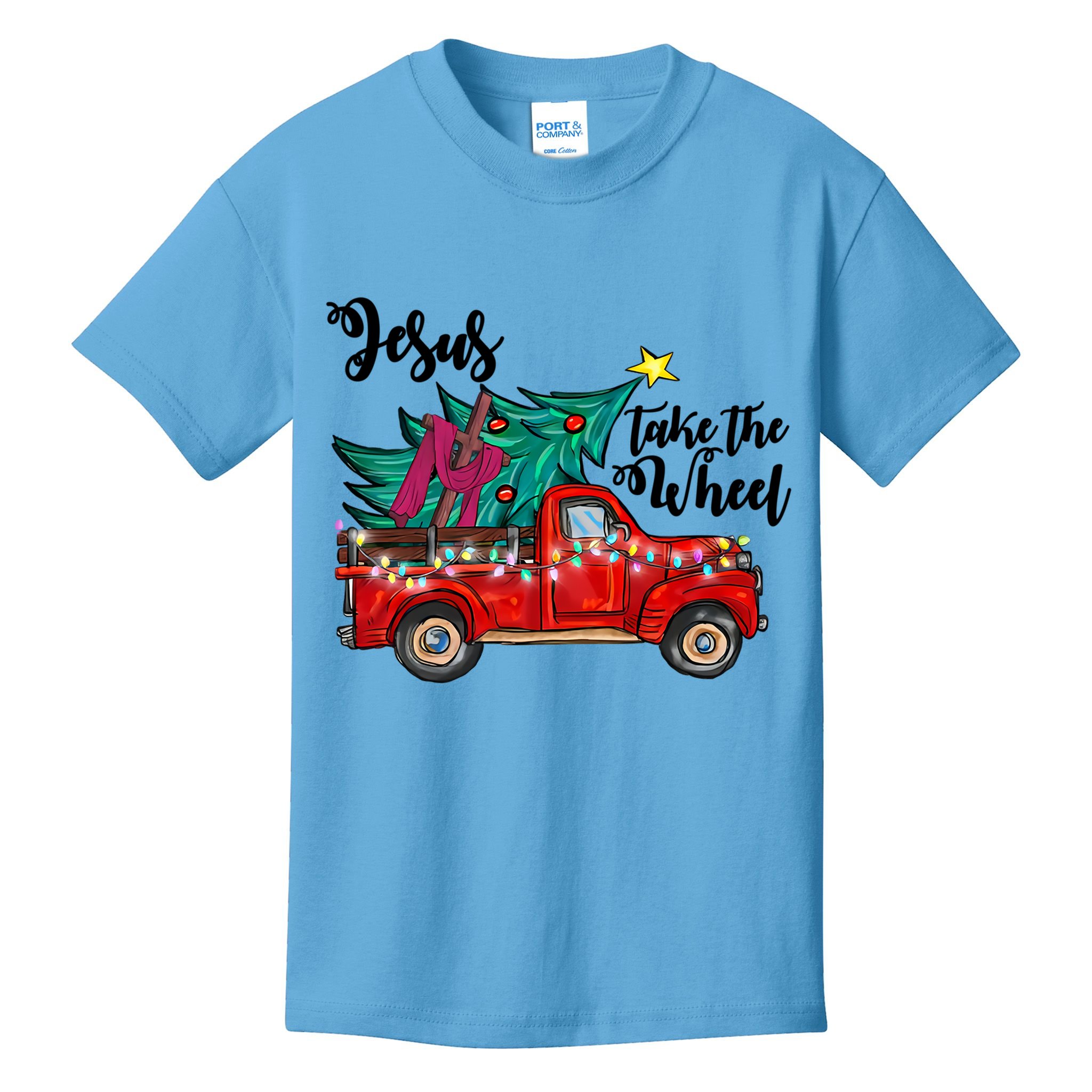 Jesus Take The Wheel Red Truck Christmas Tree Christian Xmas Gift Kids T-Shirt