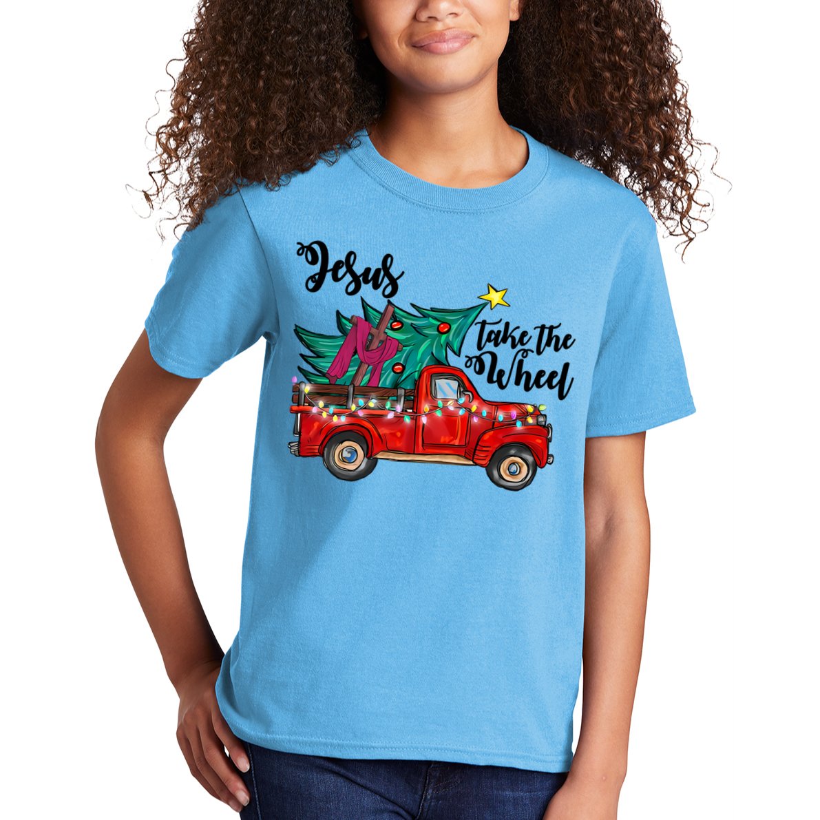 Jesus Take The Wheel Red Truck Christmas Tree Christian Xmas Gift Kids T-Shirt