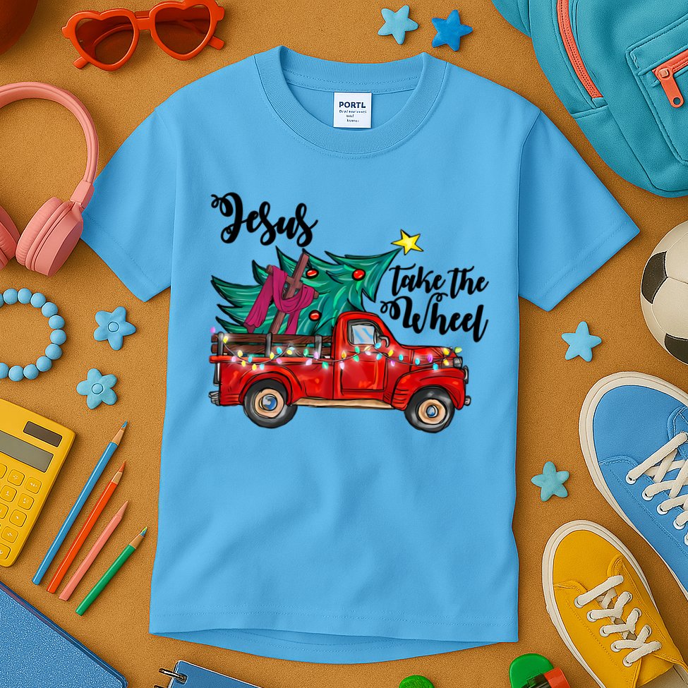 Jesus Take The Wheel Red Truck Christmas Tree Christian Xmas Gift Kids T-Shirt