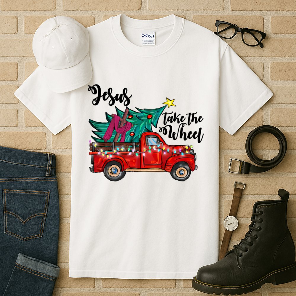 Jesus Take The Wheel Red Truck Christmas Tree Christian Xmas Gift Tall T-Shirt