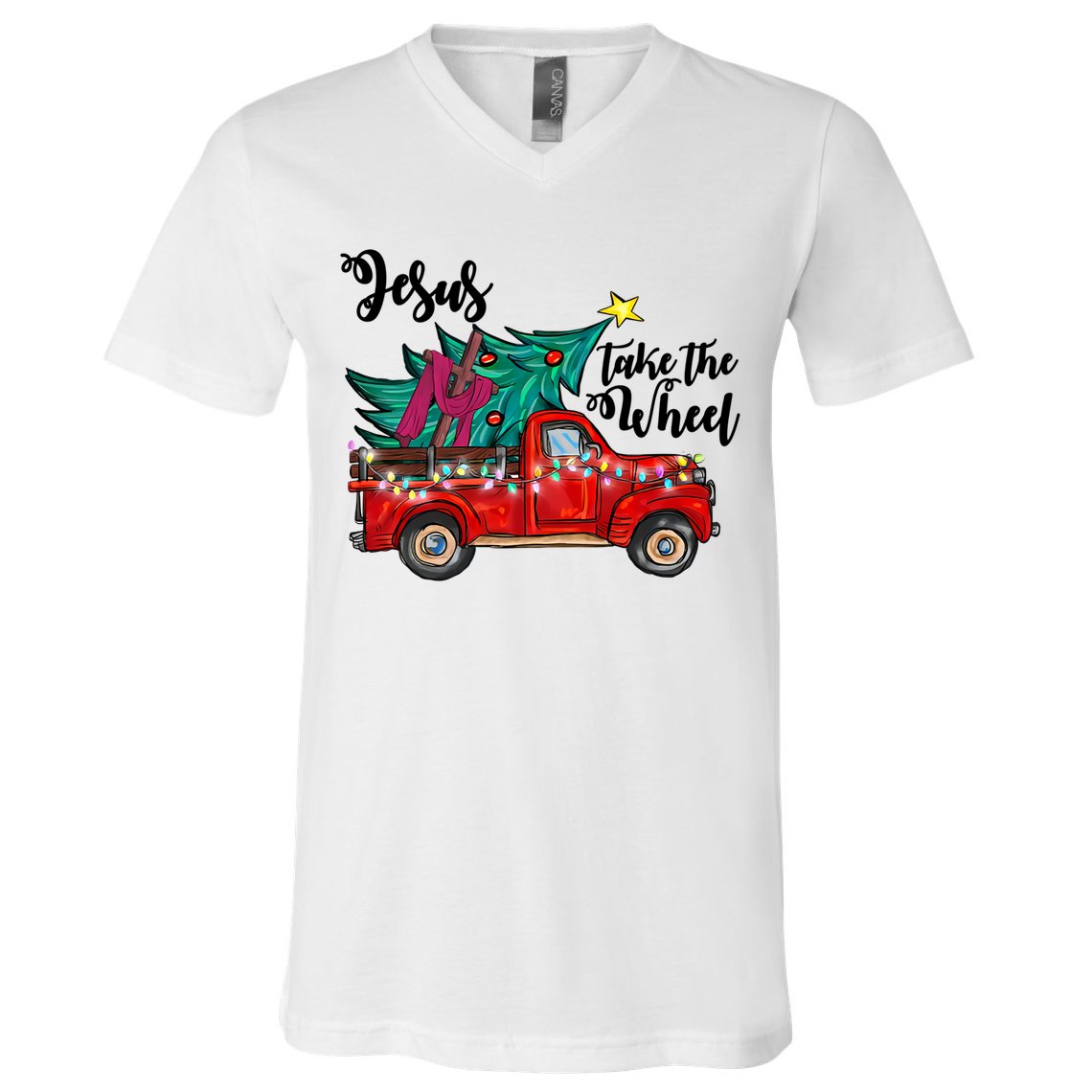 Jesus Take The Wheel Red Truck Christmas Tree Christian Xmas Gift V-Neck T-Shirt