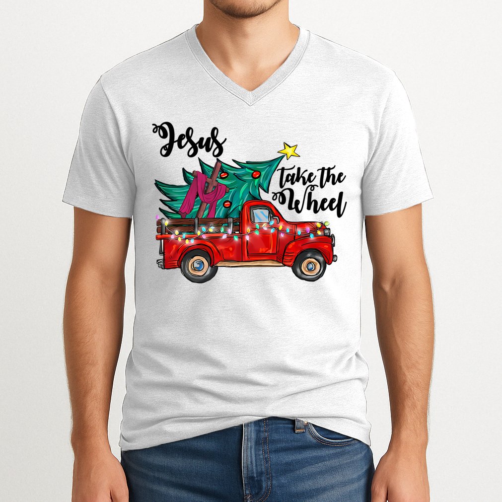 Jesus Take The Wheel Red Truck Christmas Tree Christian Xmas Gift V-Neck T-Shirt