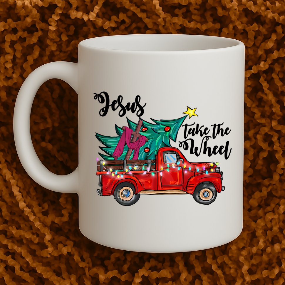 Jesus Take The Wheel Red Truck Christmas Tree Christian Xmas Gift Mug