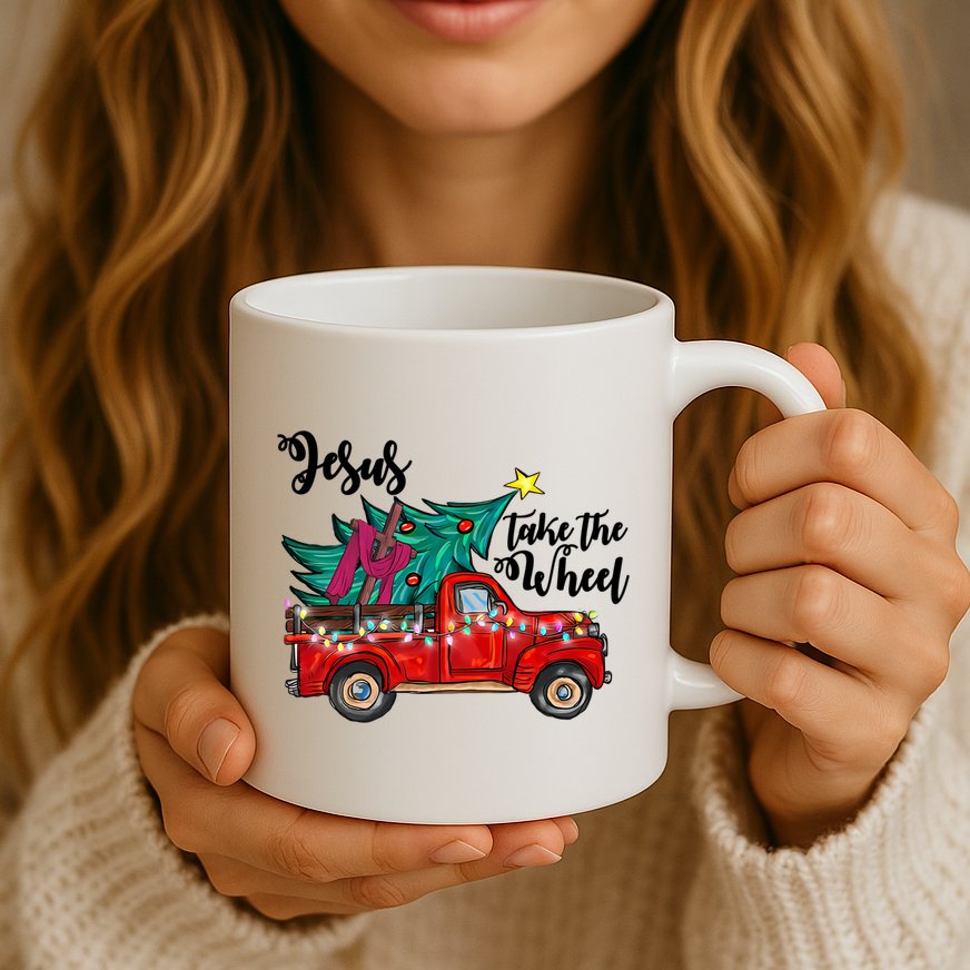 Jesus Take The Wheel Red Truck Christmas Tree Christian Xmas Gift Mug