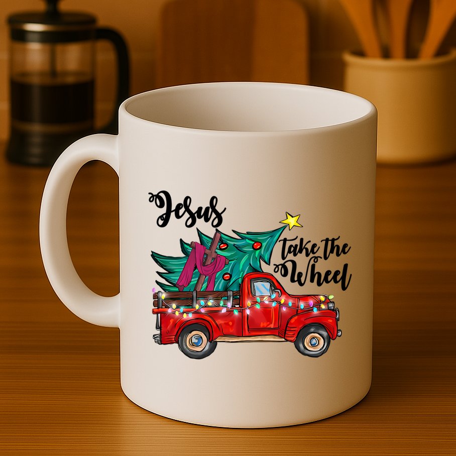 Jesus Take The Wheel Red Truck Christmas Tree Christian Xmas Gift Mug