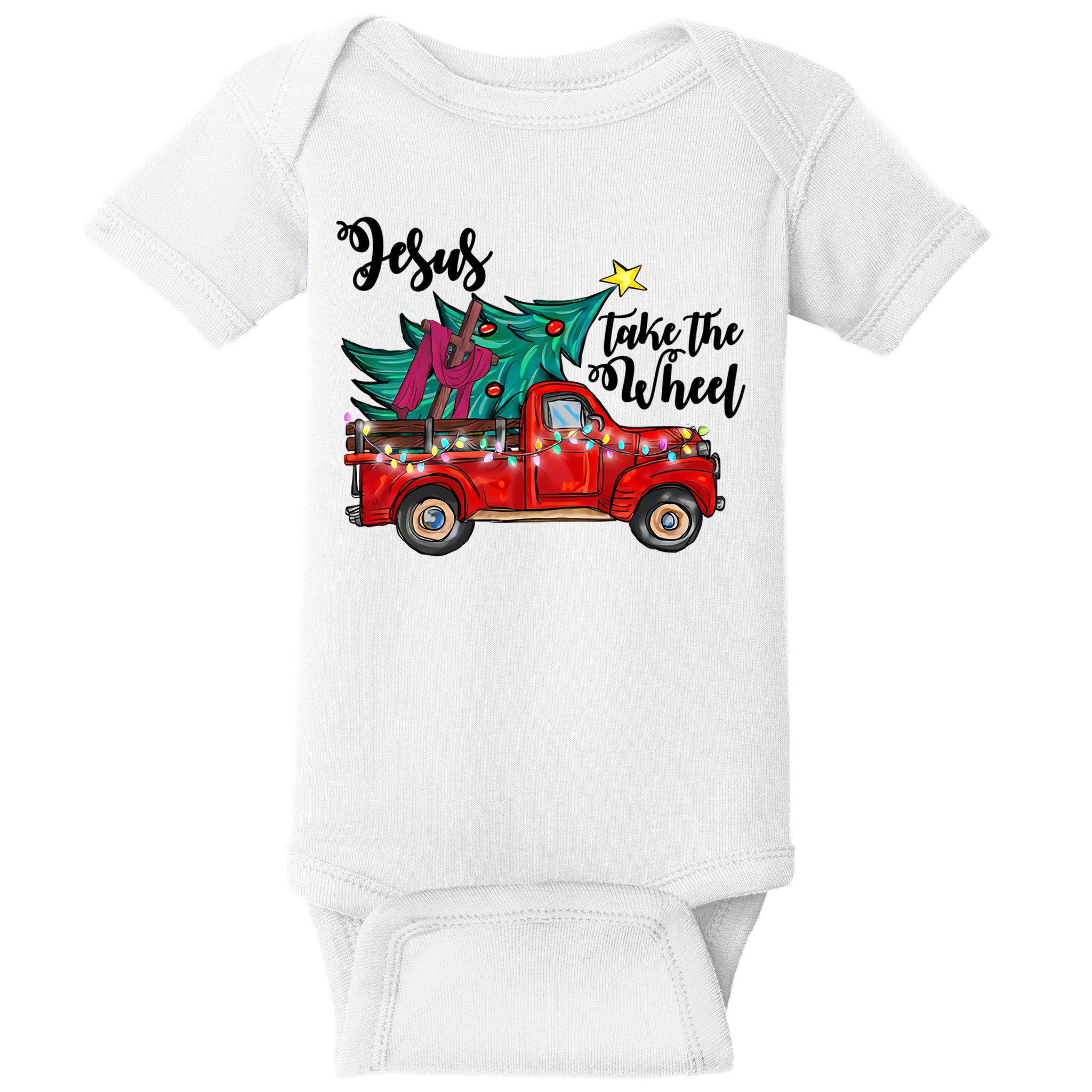 Jesus Take The Wheel Red Truck Christmas Tree Christian Xmas Gift Baby Bodysuit