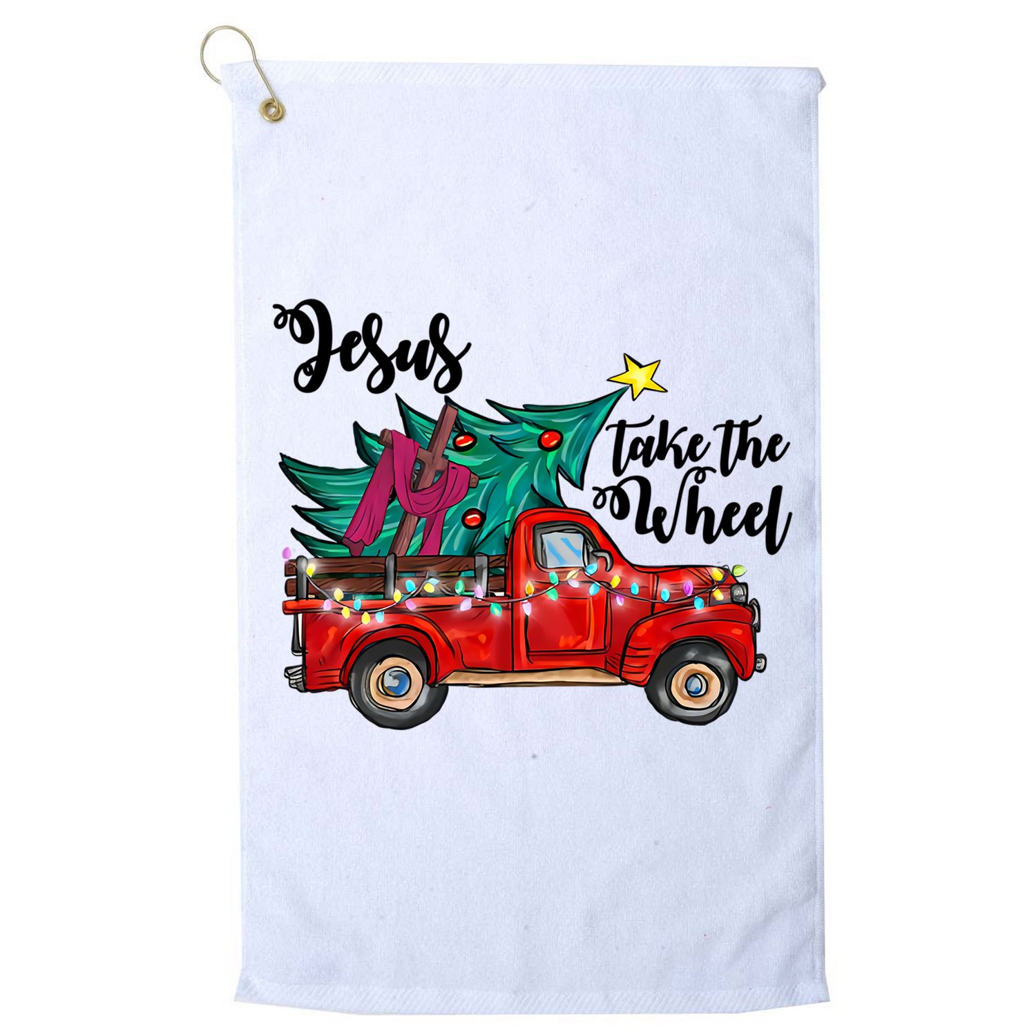 Jesus Take The Wheel Red Truck Christmas Tree Christian Xmas Gift Golf Towel