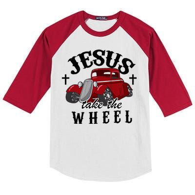 Jesus Take The Wheel Vintage Car Kids Colorblock Raglan Jersey