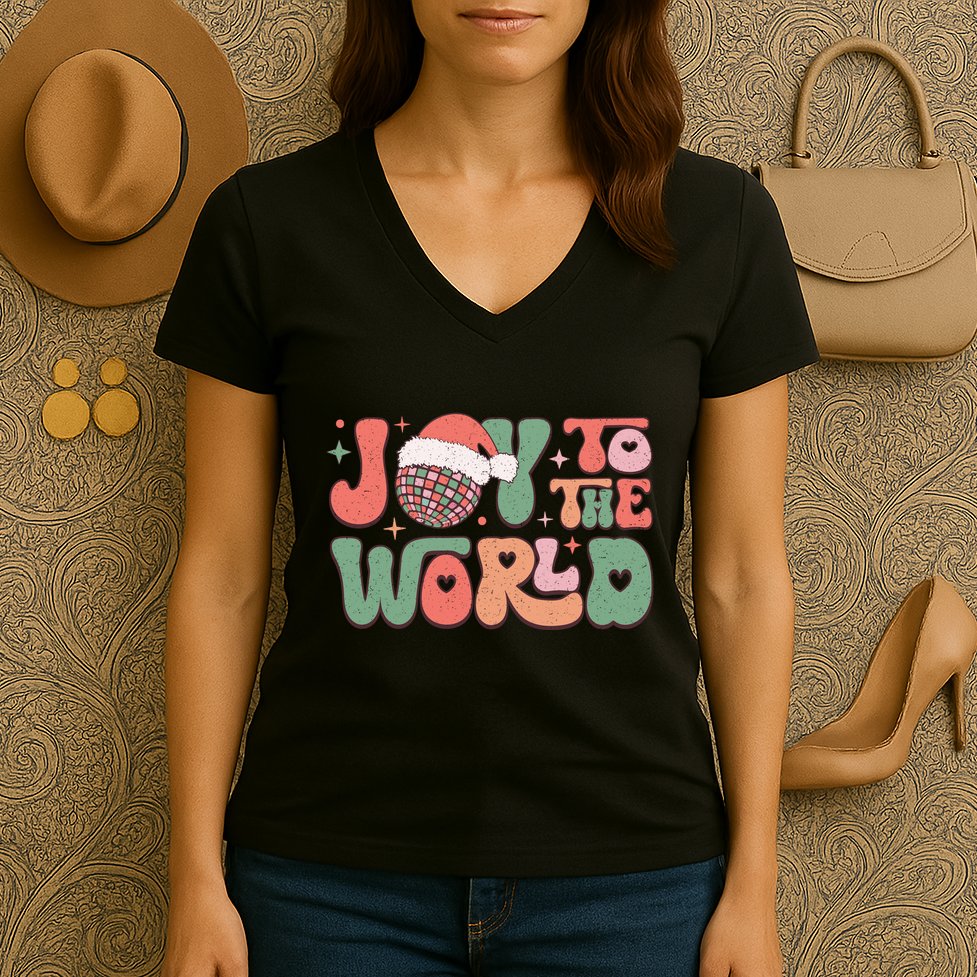 Joy To The World Festive Holiday Graphic Women's V-Neck T-Shirt