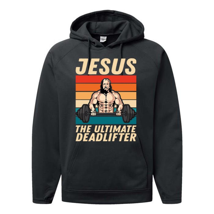 Jesus The Ultimate Deadlifter Funny Vintage Gym Christian Performance Fleece Hoodie