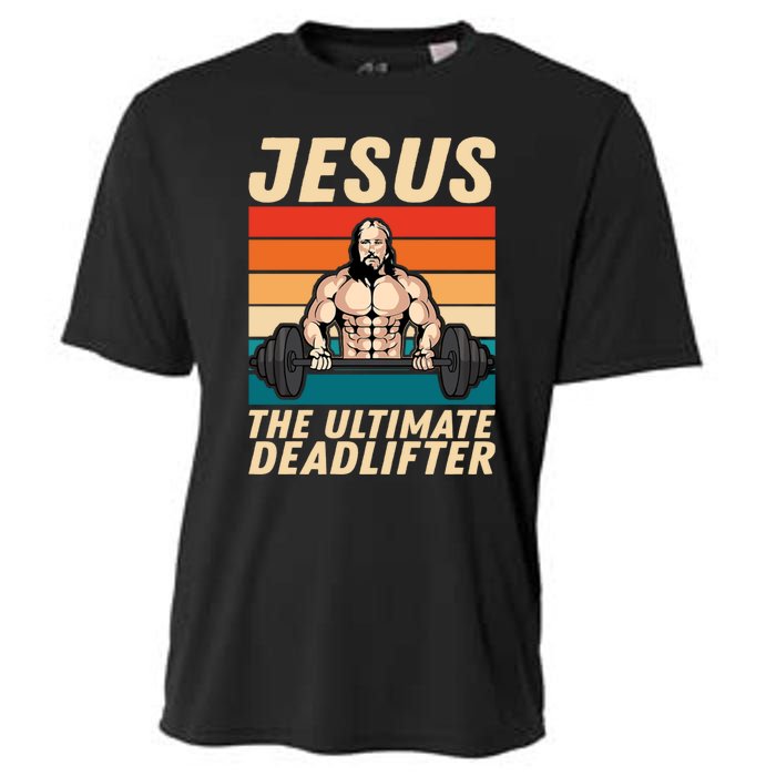 Jesus The Ultimate Deadlifter Funny Vintage Gym Christian Cooling Performance Crew T-Shirt