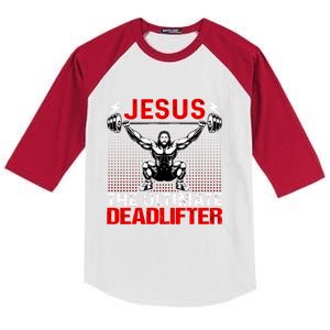 Jesus The Ultimate Deadlifter Buff Muscle Jesus Deadlift Gift Kids Colorblock Raglan Jersey