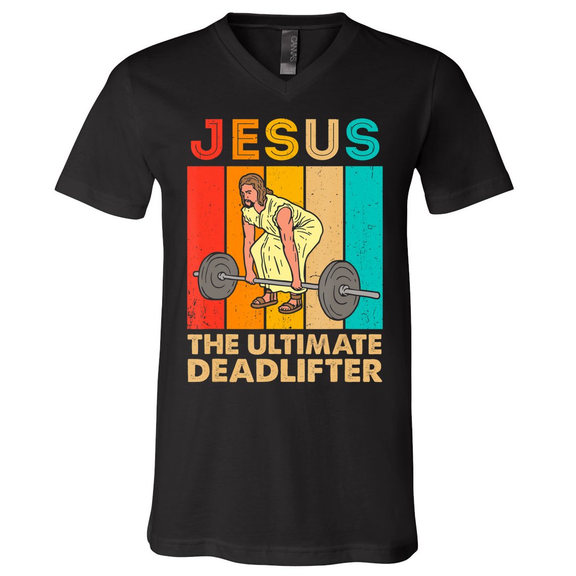 Jesus The Ultimate Deadlifter Vintage Gym Christian V-Neck T-Shirt