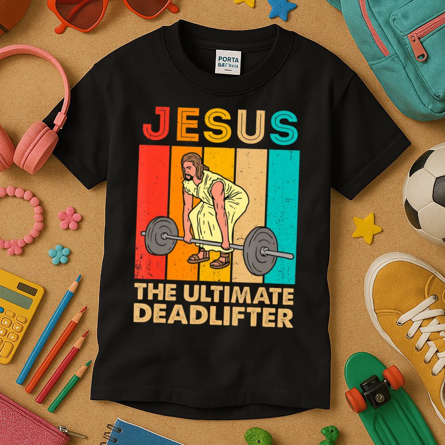 Jesus The Ultimate Deadlifter Vintage Gym Christian Kids T-Shirt