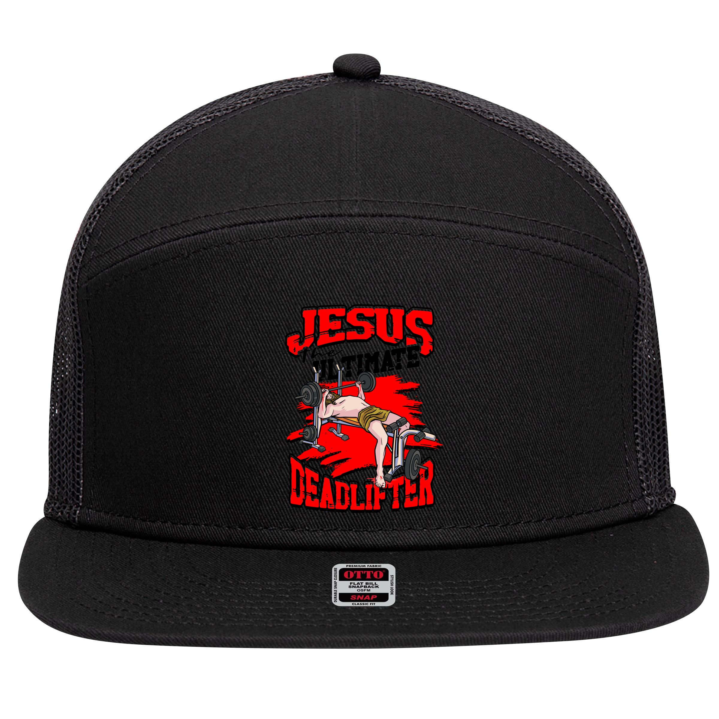 Jesus The Ultimate Deadlifter Msucle Deadlifting Funny Gift 7 Panel Mesh Trucker Snapback Hat