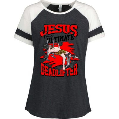 Jesus The Ultimate Deadlifter Msucle Deadlifting Funny Gift Enza Ladies Jersey Colorblock Tee