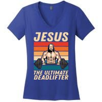 Jesus The Ultimate Deadlifter Funny Vintage Gym Christian Gift Women's V-Neck T-Shirt