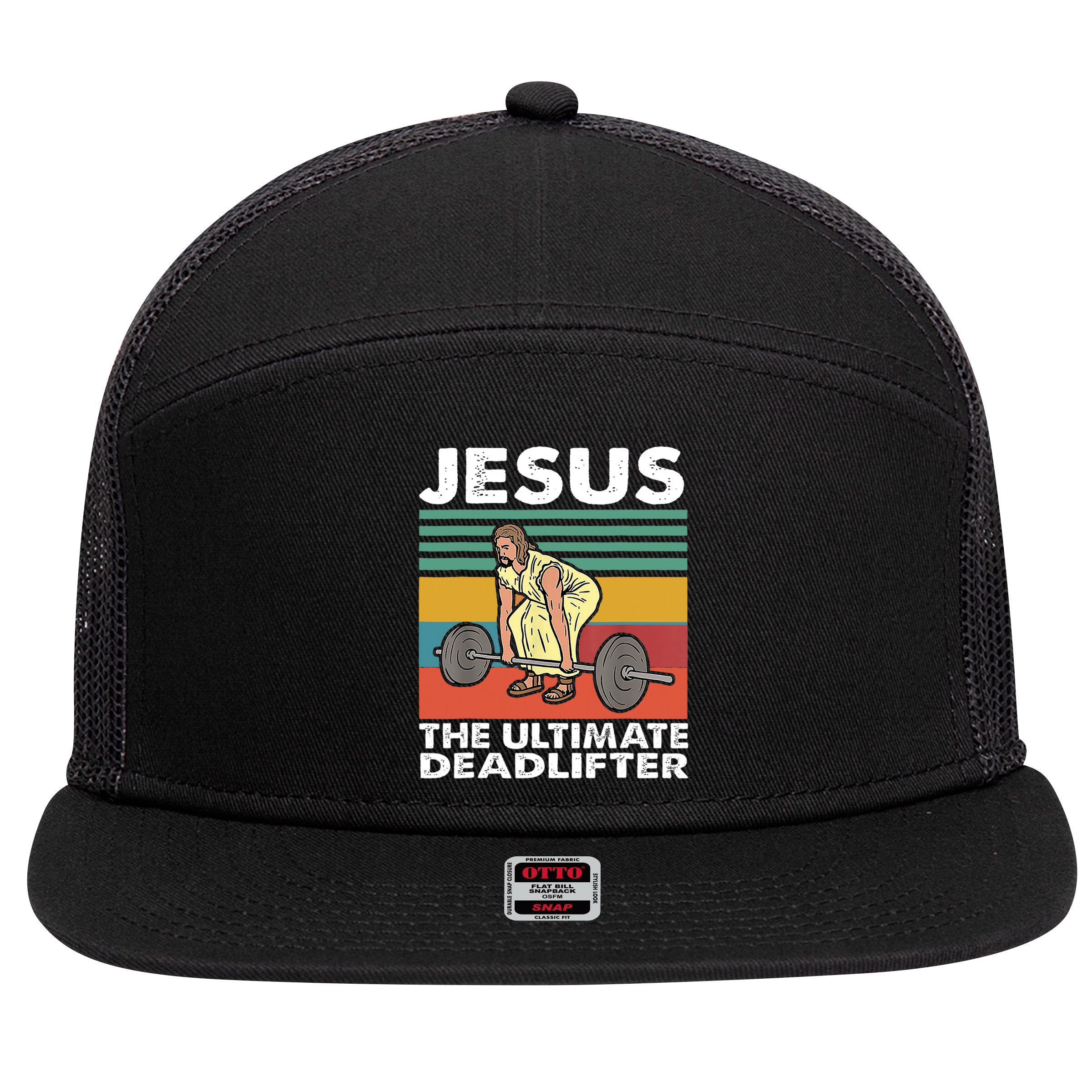 Jesus The Ultimate Deadlifter Funny Jesus Lifting Gym 7 Panel Mesh Trucker Snapback Hat