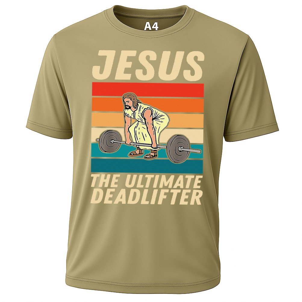 Jesus The Ultimate Deadlifter Funny Vintage Gym Christian Cooling Performance Crew T-Shirt