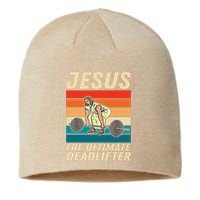 Jesus The Ultimate Deadlifter Funny Vintage Gym Christian Sustainable Beanie