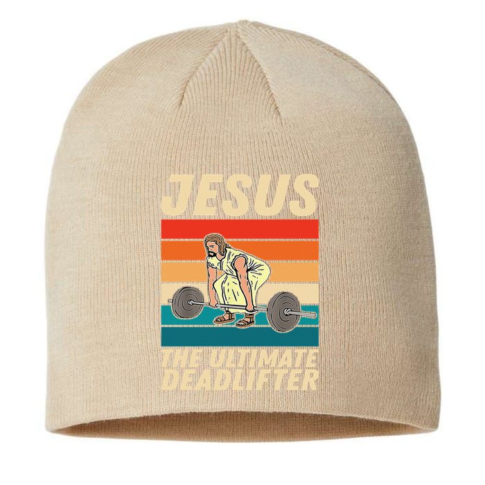 Jesus The Ultimate Deadlifter Funny Vintage Gym Christian Sustainable Beanie