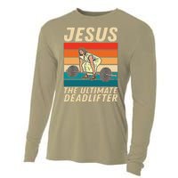 Jesus The Ultimate Deadlifter Funny Vintage Gym Christian Cooling Performance Long Sleeve Crew