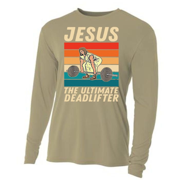 Jesus The Ultimate Deadlifter Funny Vintage Gym Christian Cooling Performance Long Sleeve Crew