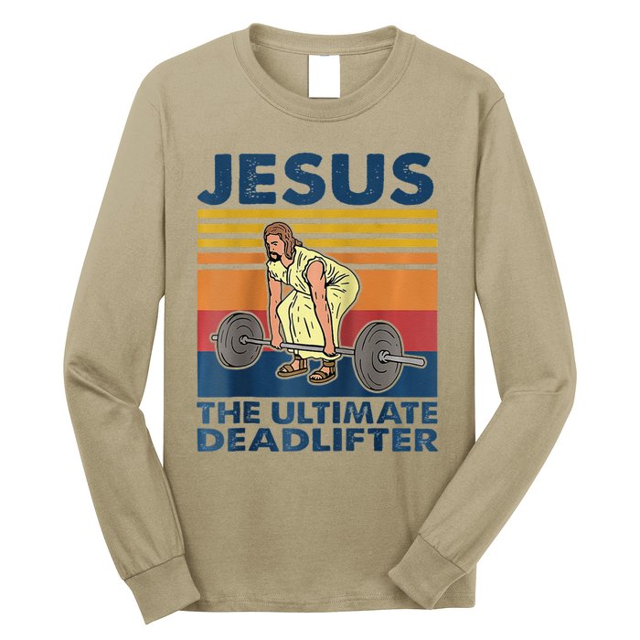 Jesus The Ultimate Deadlifter Funny Vintage Gym Christian Raglan Baseball Long Sleeve Shirt