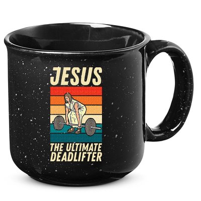 Jesus The Ultimate Deadlifter Funny Vintage Gym Christian Sweat 15oz Campfire Ceramic Mug