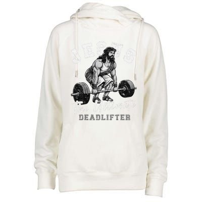 Jesus The Ultimate Deadlifter Funny Christian Workout Gym Womens Funnel Neck Pullover Hood