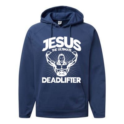 Jesus The Ultimate Deadlifter Workout Christian Gym Great Gift Performance Fleece Hoodie