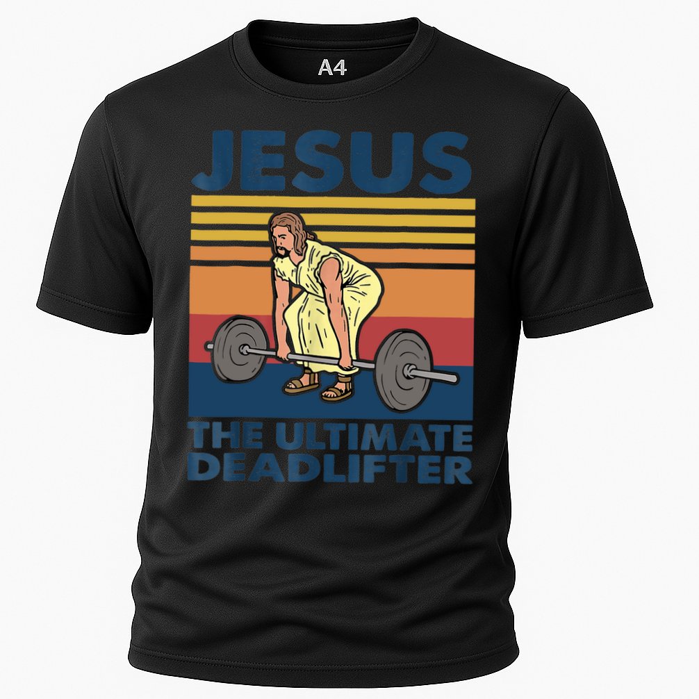 Jesus The Ultimate Deadlifter Funny Vintage Gym Christian Cooling Performance Crew T-Shirt